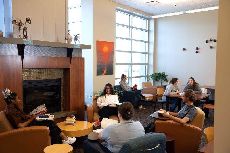 Students hang out on the Moorhead campus in 2022